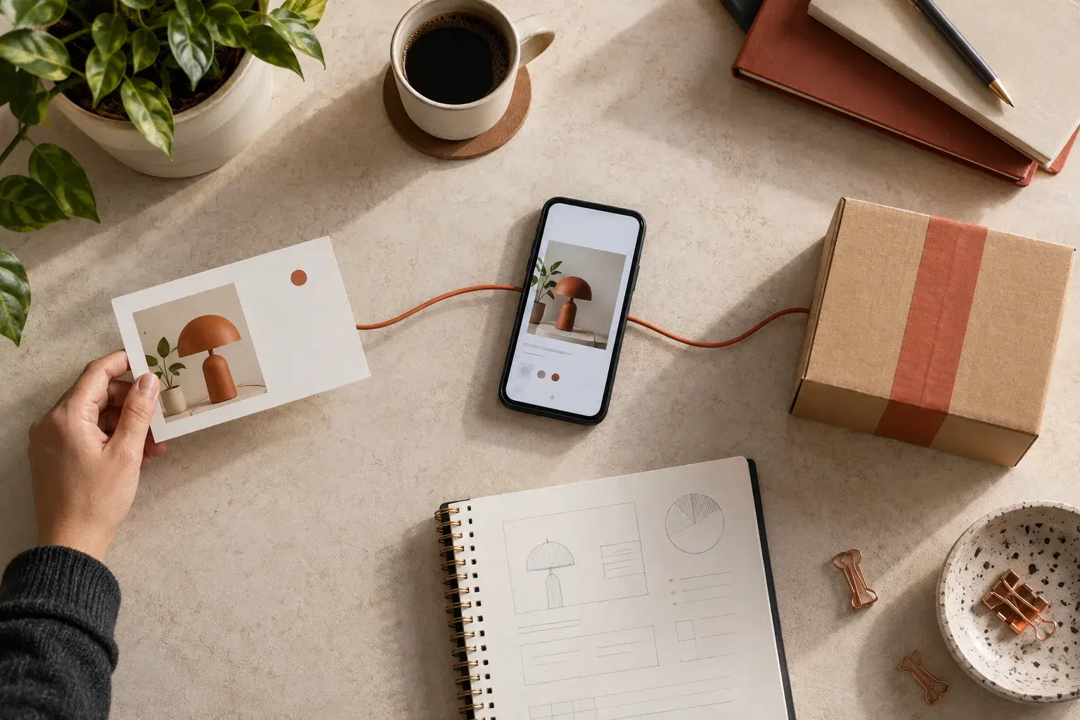 Terracotta cords connect a campaign card, smartphone and ecommerce parcel.