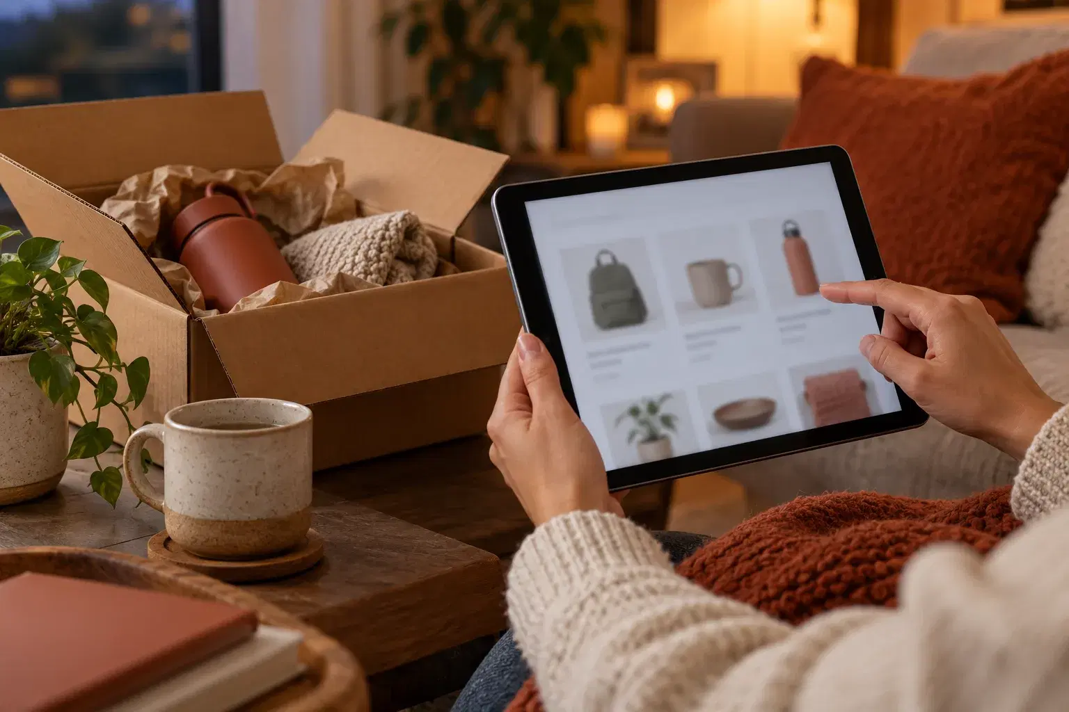 Shopper browses products on a tablet beside an opened parcel.