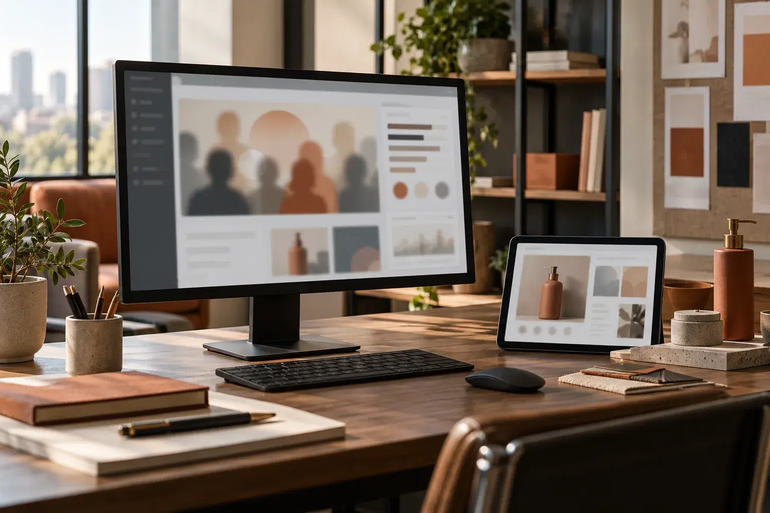 Large monitor and smaller tablet display audience planning layouts beside product samples.