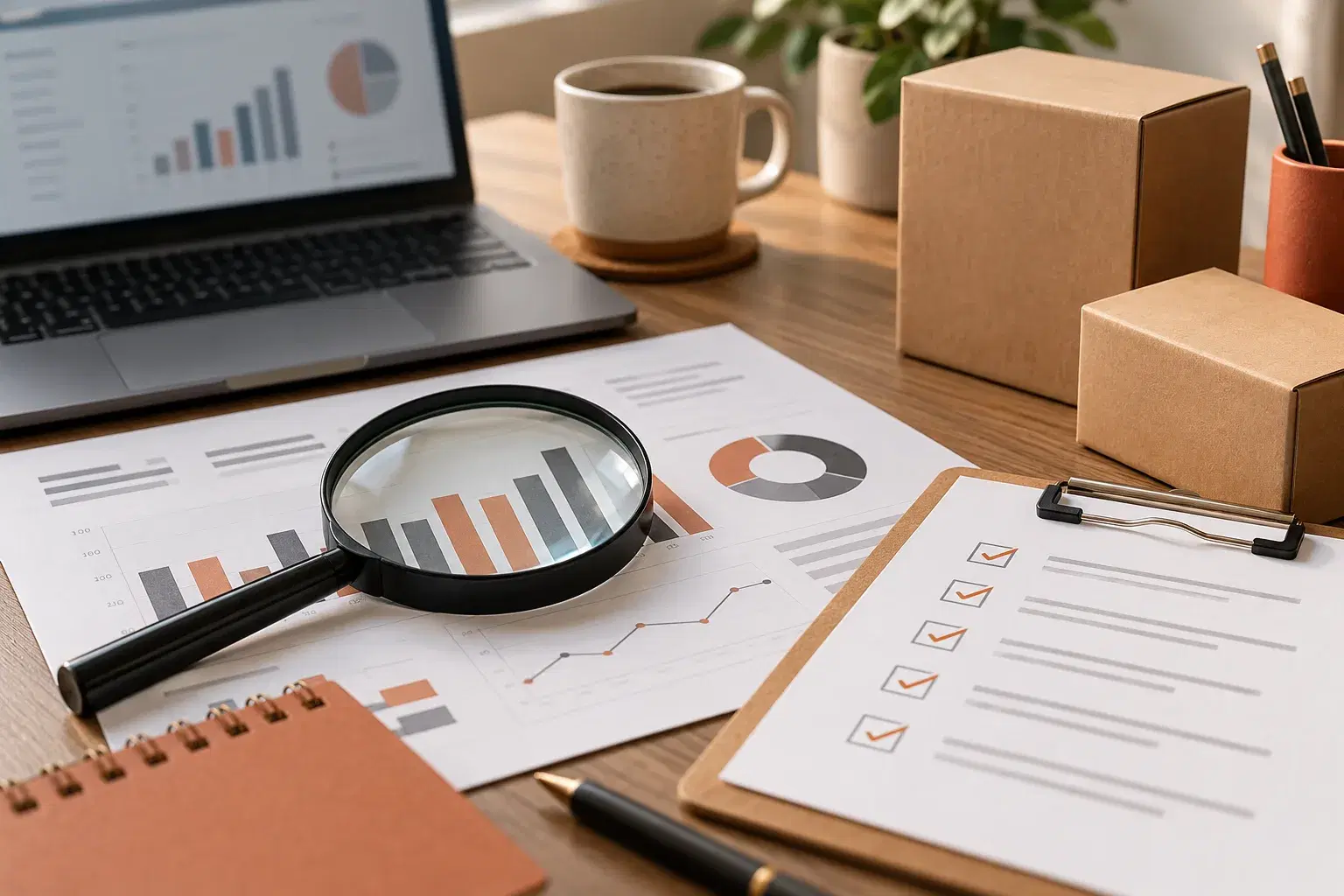 Magnifying glass, review checklist and product cartons on an account audit desk.
