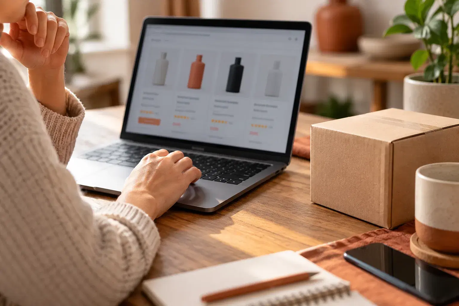 Shopper considers a laptop product comparison beside an unopened package.