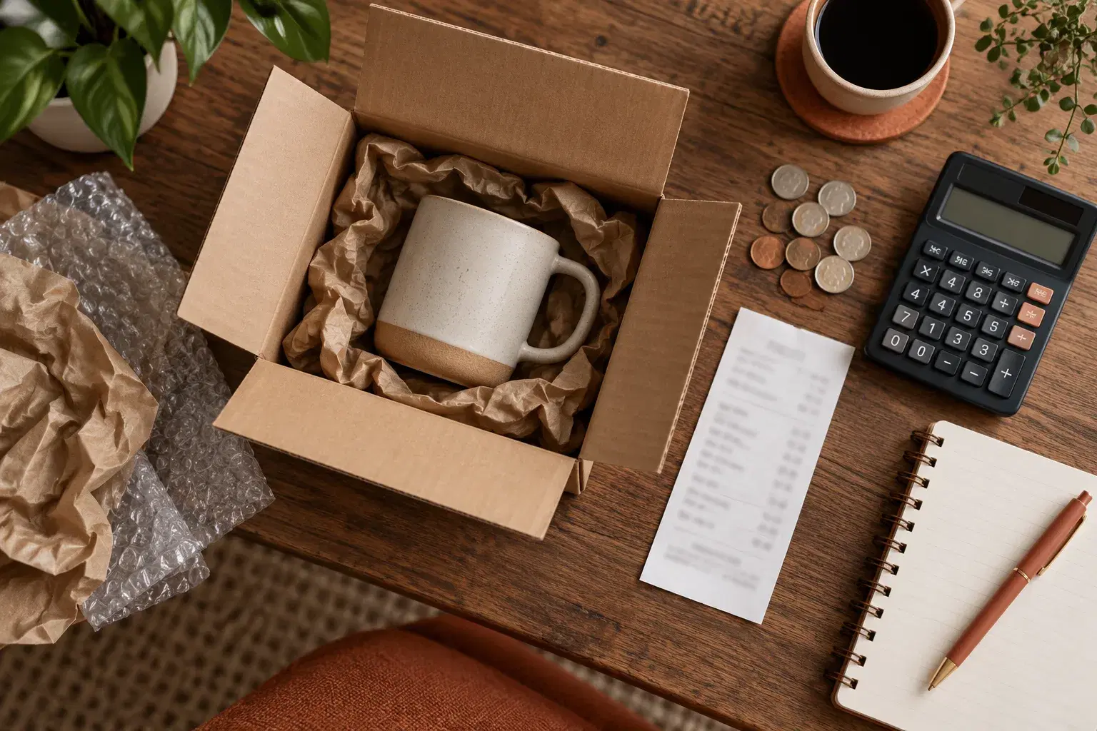 Open product carton, packing materials, receipt, coins and calculator on a desk.
