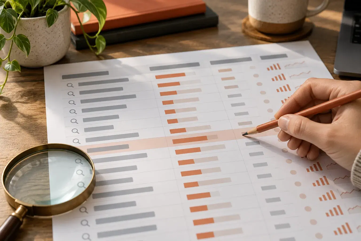 Pencil and magnifying glass mark a row on a printed search analysis sheet.