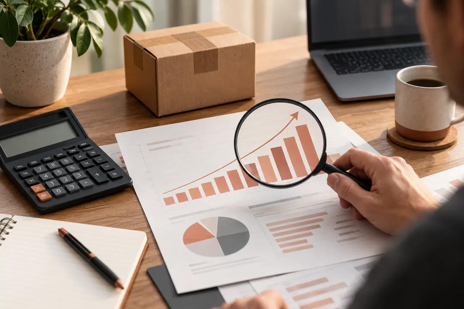 Magnifying glass over a rising cost chart beside a calculator and shipping box.